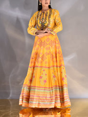 Yellow Vasansi Silk Printed Anarkali Gown
