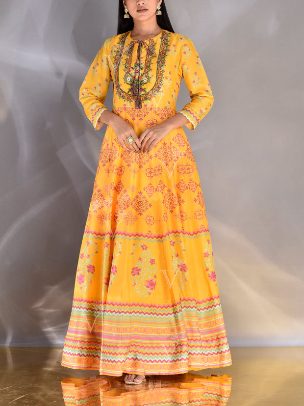 Yellow Vasansi Silk Printed Anarkali Gown