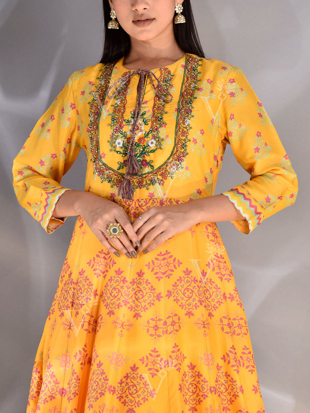 Yellow Vasansi Silk Printed Anarkali Gown