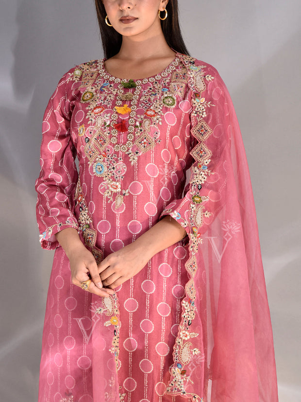 French Pink Silk Embroidered Suit Set