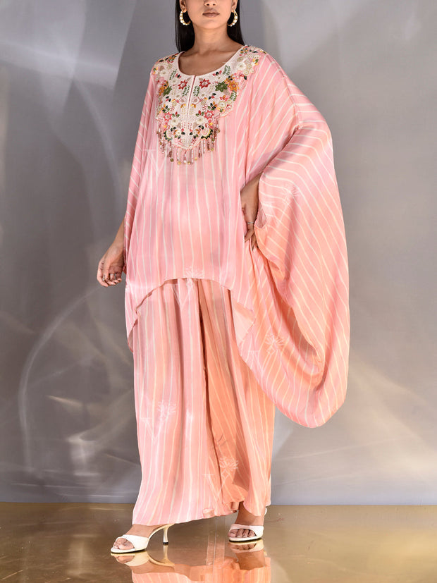 Pink Embroidered Satin Kaftan Set