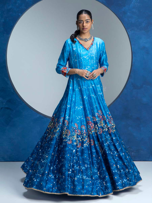 Blue Vasansi Silk  Printed Anarkali Gown