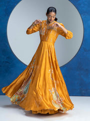 Yellow Vasansi Silk  Printed  Anarkali Gown