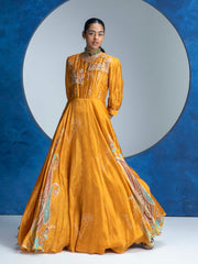 Yellow Vasansi Silk  Printed  Anarkali Gown