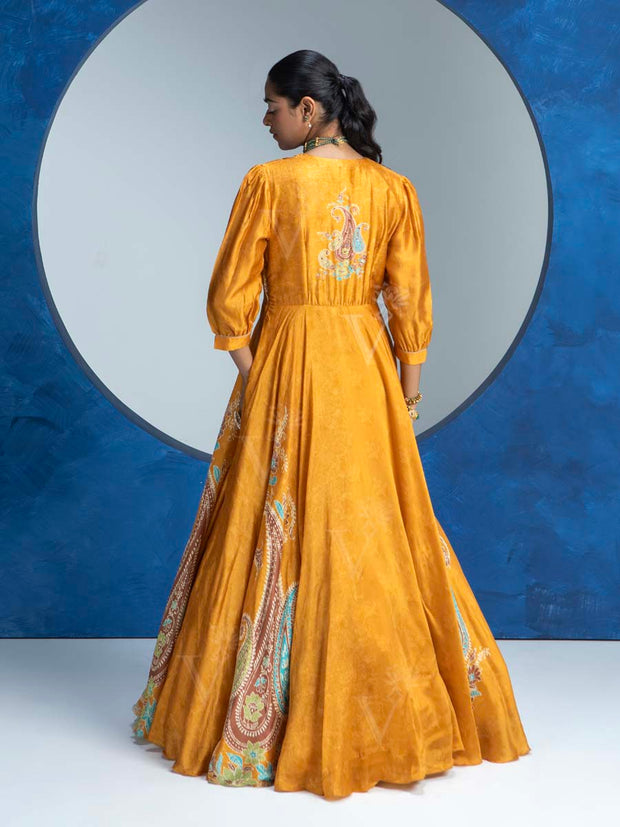 Yellow Vasansi Silk  Printed  Anarkali Gown