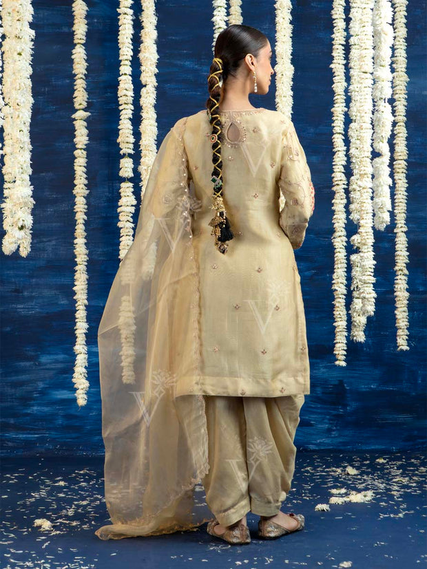 Cream Embroided Kurta and Pant Set