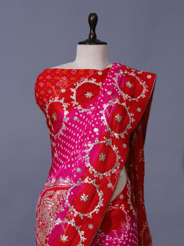 Pink Pure Satin Silk Bandhani Saree