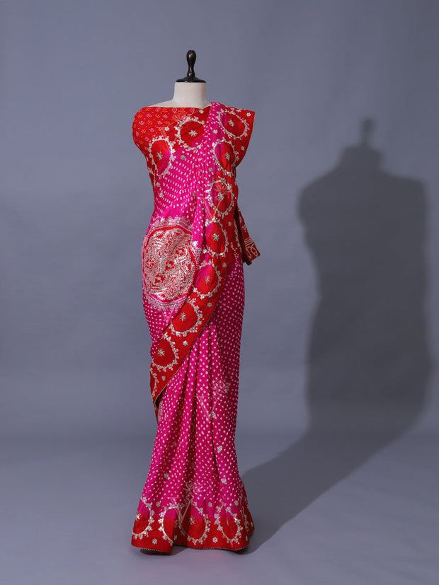Pink Pure Satin Silk Bandhani Saree