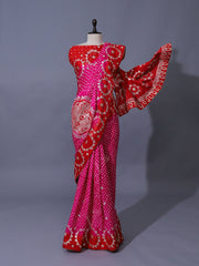 Pink Pure Satin Silk Bandhani Saree