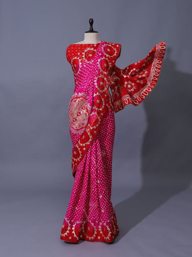 Pink Pure Satin Silk Bandhani Saree