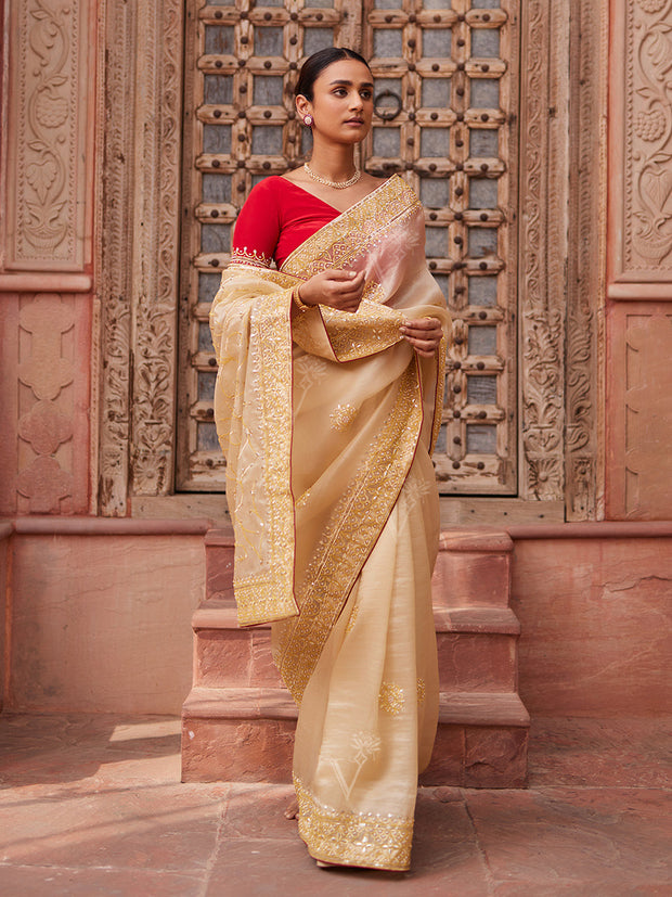 Beige Organza Gota Patti Saree