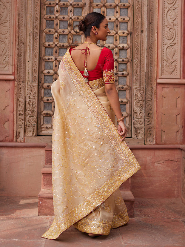 Beige Organza Gota Patti Saree