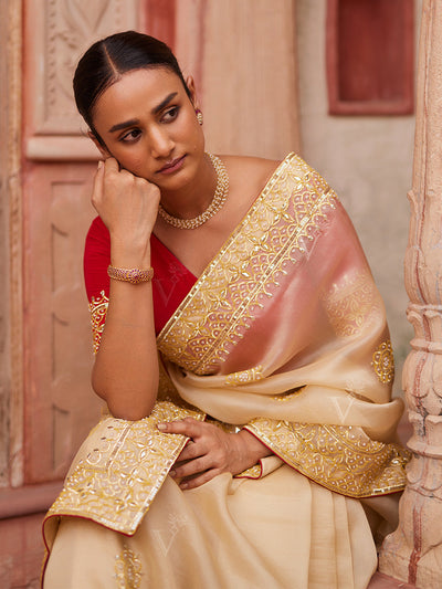 Beige Organza Gota Patti Saree