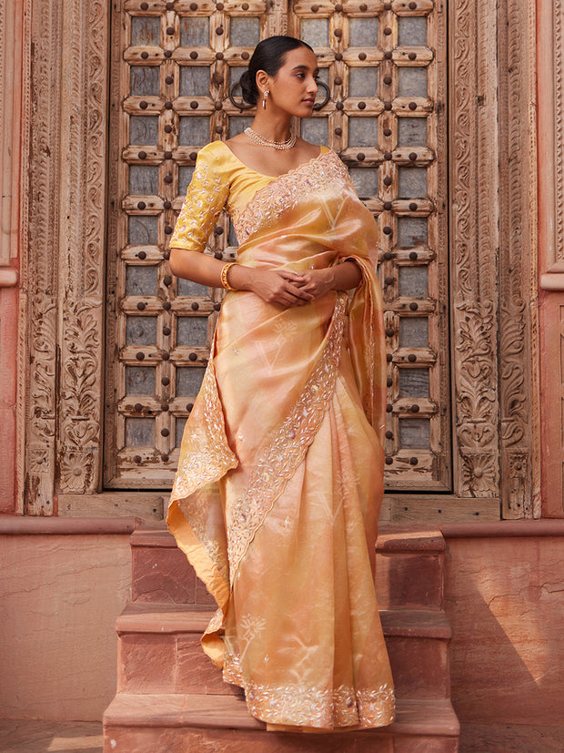 Peach and Yellow Tissue Zardozi Leheriya Saree
