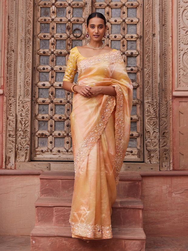 Peach and Yellow Tissue Zardozi Leheriya Saree