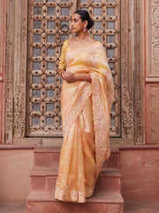 Peach and Yellow Tissue Zardozi Leheriya Saree