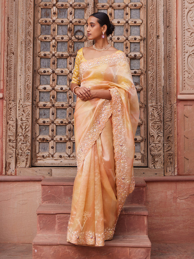 Peach and Yellow Tissue Zardozi Leheriya Saree