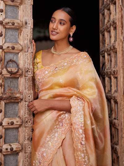 Peach and Yellow Tissue Zardozi Leheriya Saree