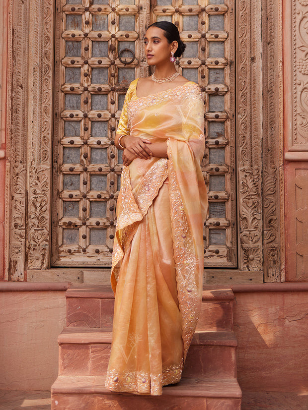 DD28, MTO, Peach and Yellow, leheriya,Tissue ,Zardozi Saree
