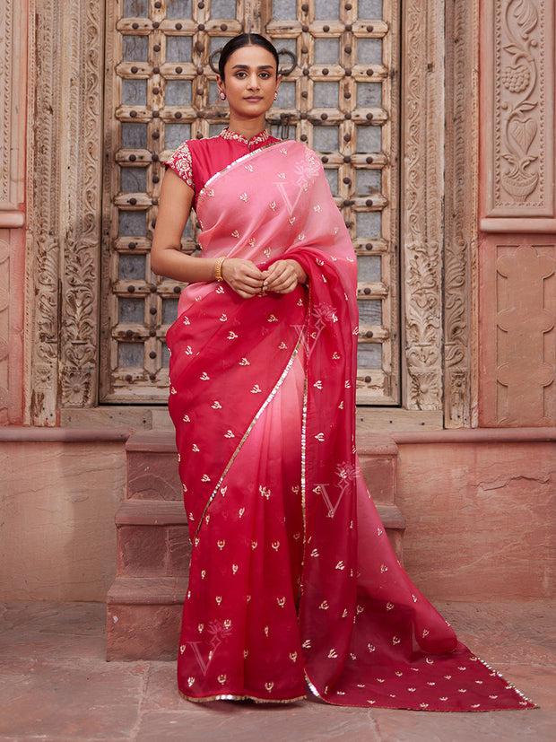 Pink Ombre Zardozi Organza Saree