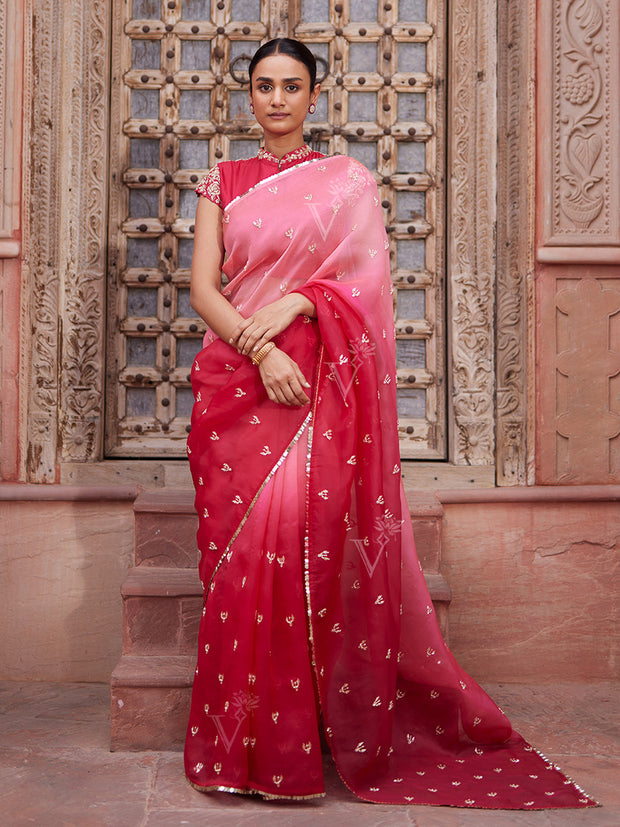 Pink Ombre Zardozi Organza Saree