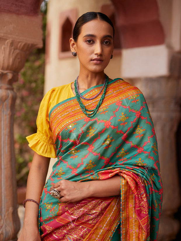 Green and Red Vasansi Silk Printed Saree