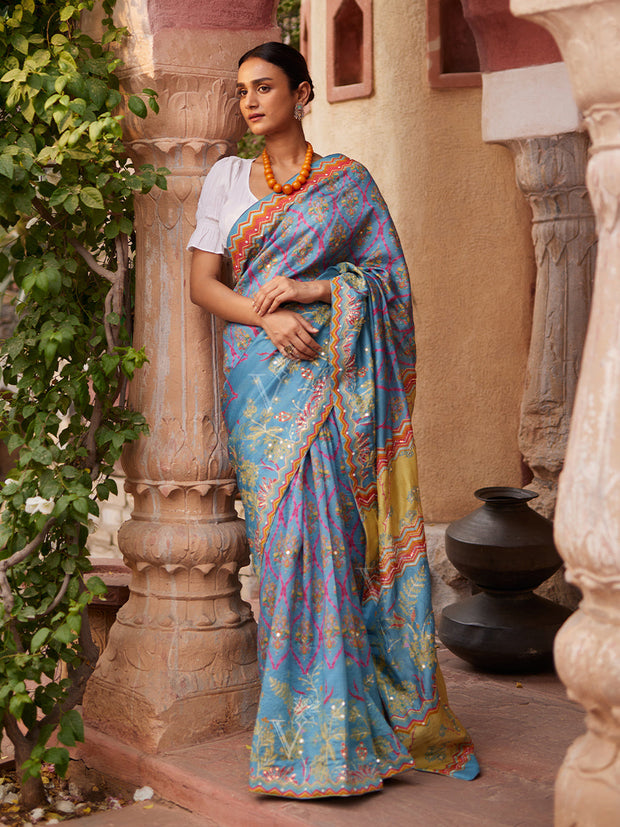Steel Blue Vasansi Silk Printed Saree