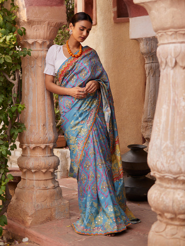 Steel Blue Vasansi Silk Printed Saree