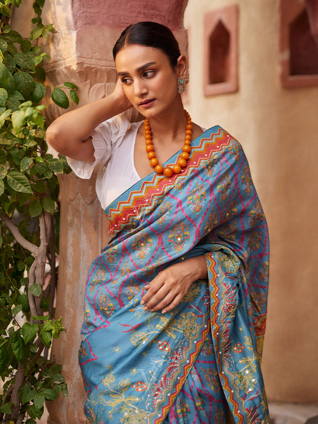 Steel Blue Vasansi Silk Printed Saree