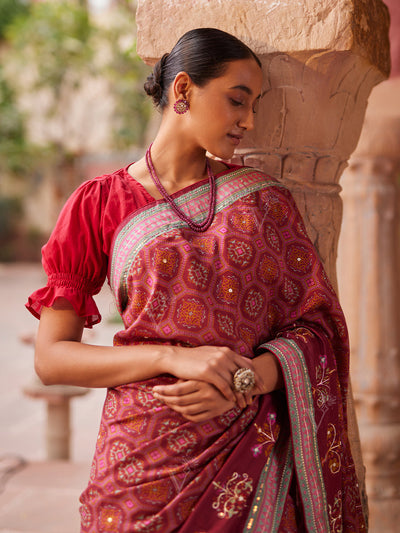 Maroon Vasansi Silk Printed Saree