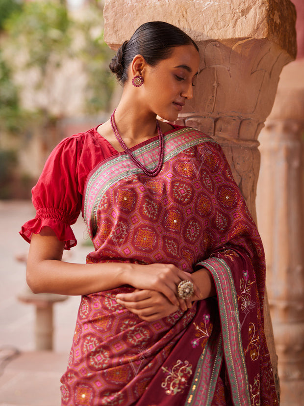 Maroon Vasansi Silk Printed Saree