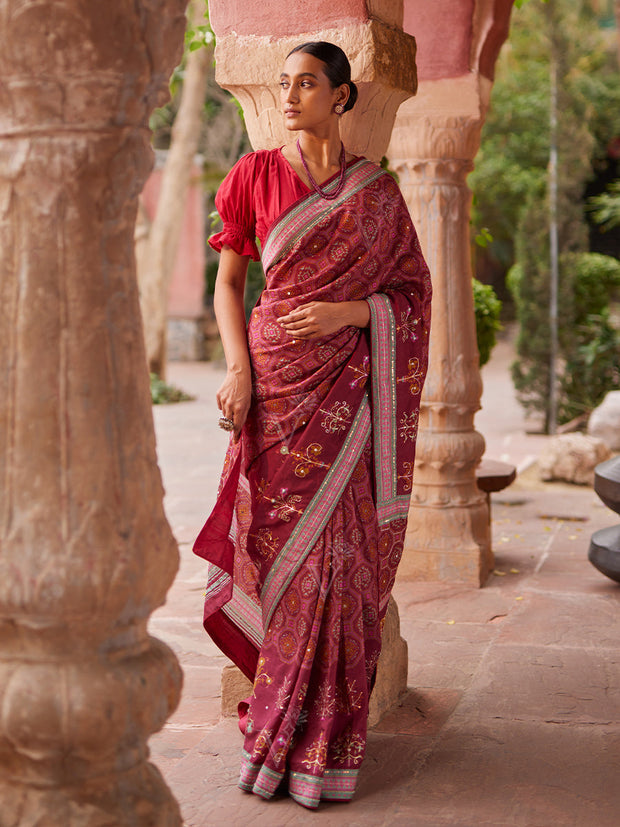 Maroon Vasansi Silk Printed Saree