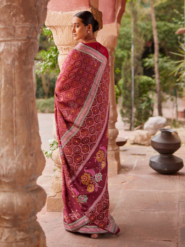 Maroon Vasansi Silk Printed Saree