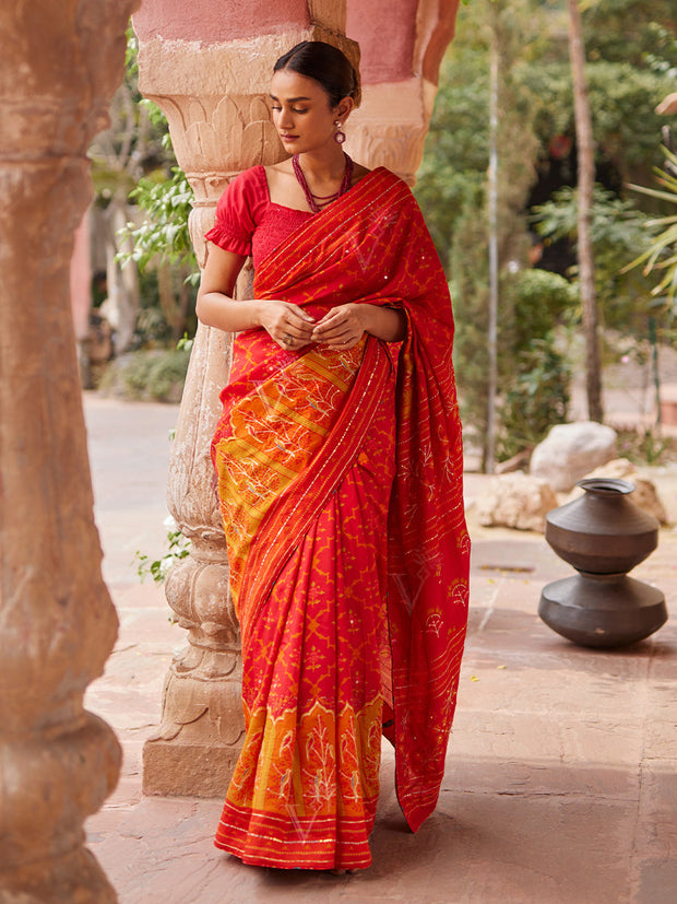 Orange Red Vasansi Silk Printed Saree