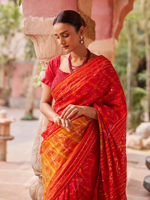 Orange Red Vasansi Silk Printed Saree