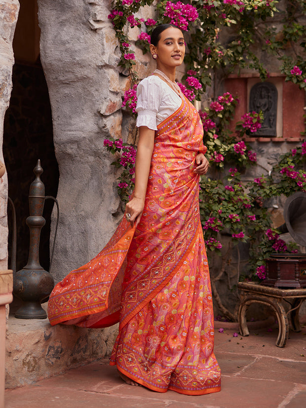 Orange and Pink Vasansi Silk Printed Saree