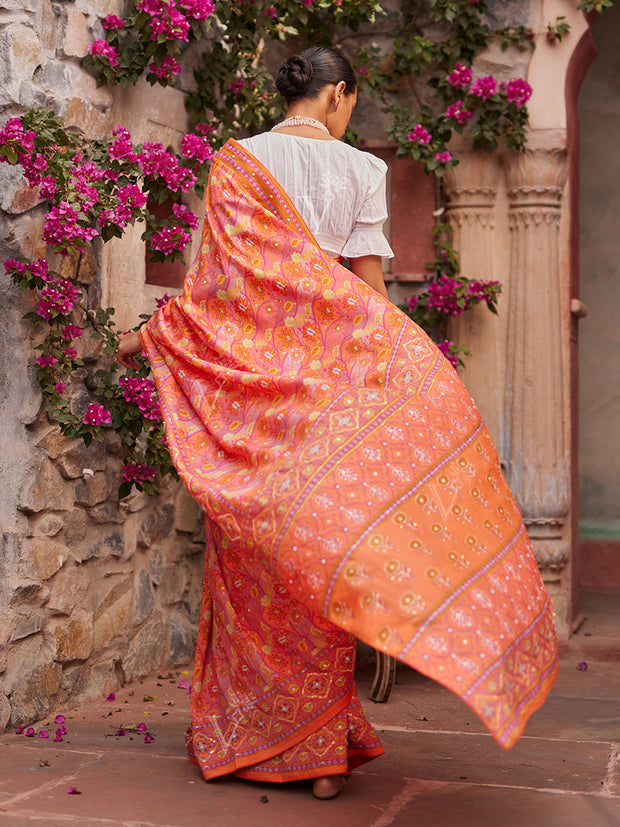Orange and Pink Vasansi Silk Printed Saree