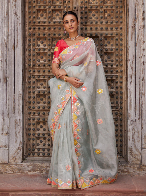 Blue Organza Gota Patti Saree
