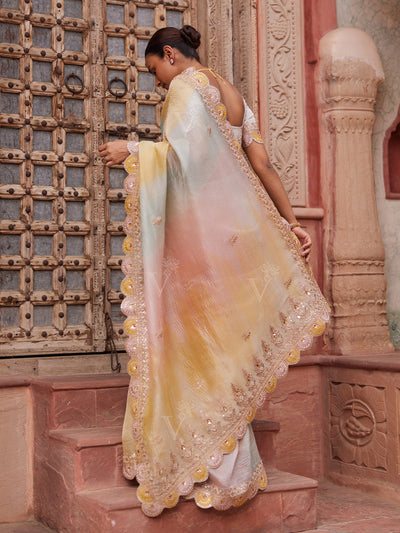 Blue and Yellow Tissue Leheriya Gota Patti Saree
