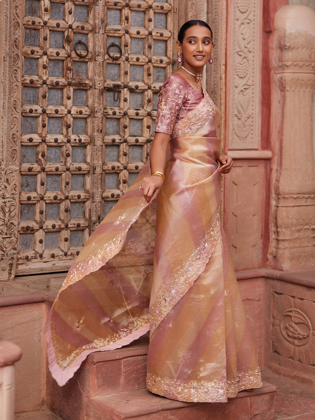 Pink and Peach Tissue Zardozi Saree