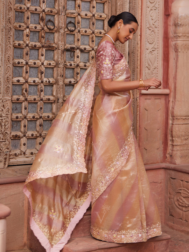 Pink and Peach Tissue Zardozi Saree