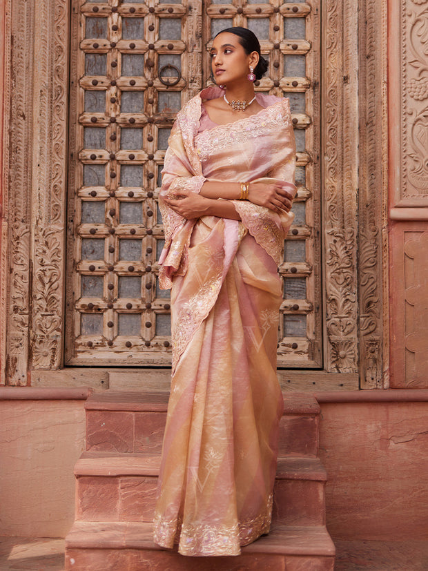 Pink and Peach Tissue Zardozi Saree