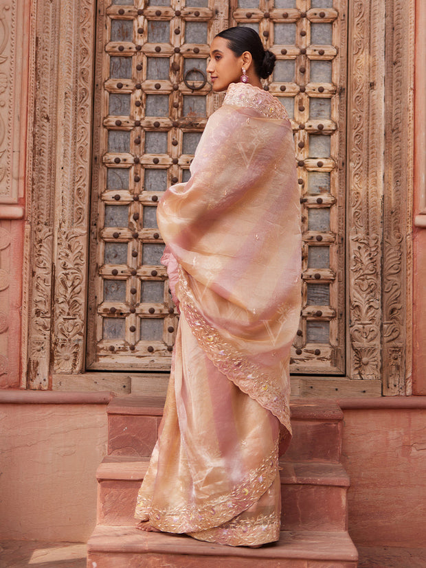 Pink and Peach Tissue Zardozi Saree