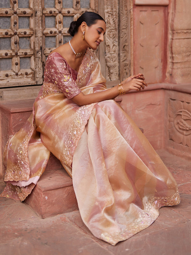 DD28, MTO, Pink ,Peach,Tissue , Zardozi , Saree