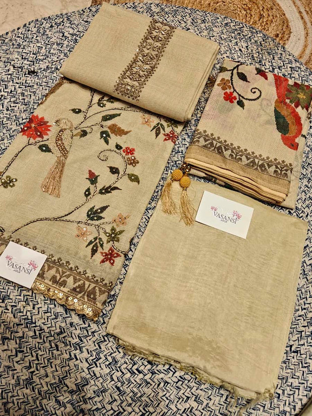 Beige Linen Tissue Dress Material