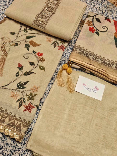 Beige Linen Tissue Dress Material