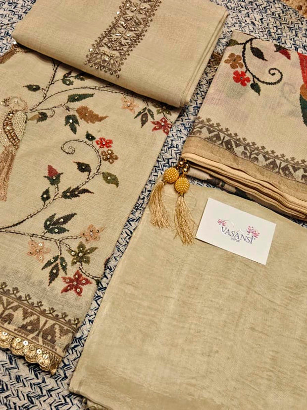 Beige Linen Tissue Dress Material