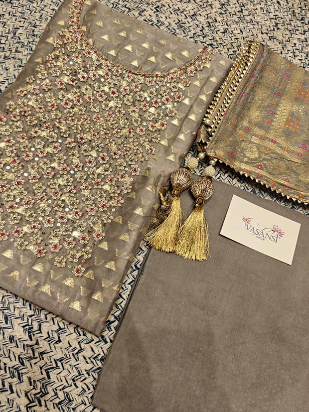 Grey Chanderi Dress Material