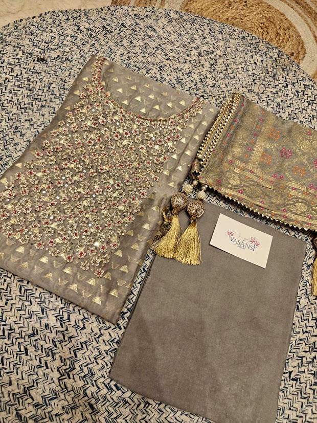 Grey Chanderi Dress Material
