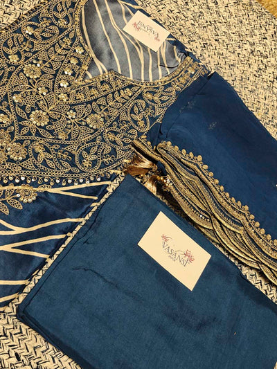 Blue Muslin Silk Dress Material